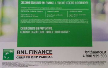 BNL FINANCE: CESSIONE DEL QUINTO DELLO STIPENDIO PER DIPENDENTI E PENSIONATI 